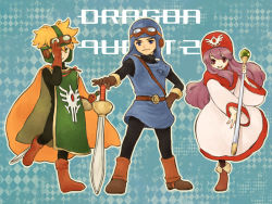 Rule 34 | 1girl, blonde hair, blue eyes, bodysuit, breasts, closed mouth, commentary request, dragon quest, dragon quest ii, goggles, goggles on head, goggles on headwear, hood, long hair, prince of lorasia, prince of samantoria, princess of moonbrook, robe, short hair, spiked hair, sword, weapon, white robe, yukaris