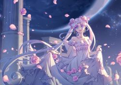 Rule 34 | 1girl, absurdly long hair, bishoujo senshi sailor moon, blue eyes, bracelet, breasts, cleavage, crescent, crescent facial mark, dress, facial mark, floating hair, flower, hair flower, hair ornament, jewelry, long dress, long hair, nezumipl, outdoors, petals, pink flower, pink rose, princess serenity, rose, silver hair, skirt hold, sleeveless, sleeveless dress, small breasts, solo, standing, twintails, very long hair, white dress