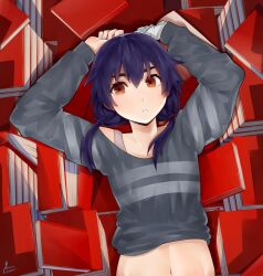 Rule 34 | 1girl, absurdres, arms up, artist name, bandaged arm, bandages, black shirt, book, bra, bra strap, brown eyes, clothes lift, commentary, curled fingers, double horizontal stripe, from above, hair between eyes, highres, kanbaru suruga, long bangs, long hair, long sleeves, looking away, looking to the side, lying, midriff, monogatari (series), navel, on back, parted lips, piancaesar, pile of books, purple hair, romaji commentary, shirt, shirt lift, signature, solo, thick eyebrows, twintails, underwear, upper body, white bra