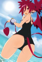 Rule 34 | 1girl, ass, bat wings, demon girl, demon tail, demon wings, disgaea, earrings, etna (disgaea), from behind, iwashi dorobou -r-, jewelry, looking back, makai senki disgaea, mini wings, ocean, one-piece swimsuit, open mouth, outdoors, pointy ears, red hair, red wings, school swimsuit, skull earrings, solo, swimsuit, tail, twintails, wading, water, wings