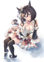 Rule 34 | 1girl, animal ears, bare shoulders, black hair, black thighhighs, blue eyes, blue footwear, blush, breasts, choker, cleavage, closed mouth, collarbone, colored stripes, detached sleeves, ear ornament, eishin flash (umamusume), frilled skirt, frilled sleeves, frills, full body, hair between eyes, hand on own chest, horse ears, horse girl, horse tail, large breasts, leaning to the side, long sleeves, looking at viewer, mugen kageno, red choker, short hair, signature, simple background, sitting, skirt, smile, solo, striped clothes, striped skirt, tail, thighhighs, umamusume, vertical-striped clothes, vertical-striped skirt, white background, zettai ryouiki