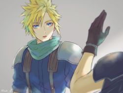 Rule 34 | 2boys, 3wa tari, armor, black gloves, blonde hair, blue eyes, blue shirt, blurry, blurry foreground, cloud strife, crisis core final fantasy vii, final fantasy, final fantasy vii, gloves, green scarf, grey background, hair between eyes, looking at viewer, male focus, multiple boys, parted lips, scarf, shinra infantry uniform, shirt, short hair, shoulder armor, spiked hair, square enix, suspenders, upper body, waving, zack fair