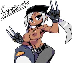 Rule 34 | 1girl, bandana, belt, bird, black bandana, black belt, breasts, cannsk, claw (weapon), commentary request, dark-skinned female, dark skin, eyes visible through hair, grey eyes, grey hair, grey pants, groin, large breasts, linea alba, navel, nipples, original, pants, penguin, solo, toned, topless, twintails, weapon