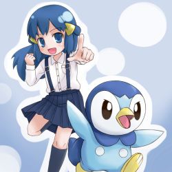 Rule 34 | 1girl, alternate color, bird, blouse, child, collared shirt, creatures (company), dawn (pokemon), game freak, gen 4 pokemon, kabisuke, kneehighs, looking at viewer, nintendo, open mouth, penguin, piplup, pokemon, pokemon (creature), shiny skin, shirt, skirt, socks, suspender skirt, suspenders, tongue, white shirt