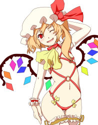 Rule 34 | 1girl, alternate costume, ascot, asymmetrical clothes, blonde hair, blush, censored, choker, convenient censoring, dearmybrothers, elbow gloves, embodiment of scarlet devil, fangs, female focus, flandre scarlet, flat chest, gloves, hat, head tilt, highres, one eye closed, red eyes, simple background, smile, solo, touhou, white background, wings, wink, wrist cuffs