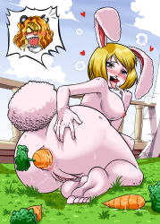 Rule 34 | 1girl, :3, acpuig, anal, animal ears, artist name, ass, ass grab, barefoot, blonde hair, blush, carrot (one piece), cloud, feet, furry, furry female, grass, hand on own hip, heart, highres, hip focus, huge ass, looking back, nipples, nude, one piece, open mouth, pussy, rabbit ears, rabbit tail, saliva, ship, sky, solo, tail, teeth, thick thighs, thighs, tongue, watercraft