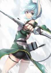 Rule 34 | 10s, 1girl, aiming, aiming at viewer, animal ears, arrow (projectile), asada shino, bad id, bad pixiv id, blue eyes, blue hair, bow (weapon), cat ears, highres, legs, looking at viewer, matching hair/eyes, quiver, short hair, shorts, signature, sinon, sinon (sao-alo), sketch, solo, swd3e2, sword art online, thigh strap, weapon