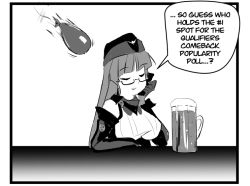 Rule 34 | 1girl, alcohol, azur lane, balloon, beer, beer mug, berkeley breathed (style), breasts, cellphone, closed eyes, cup, detached sleeves, ethan forsythe, glasses, gneisenau (azur lane), greyscale, holding, holding phone, large breasts, long hair, monochrome, mug, phone, smartphone, solo, upper body, water balloon