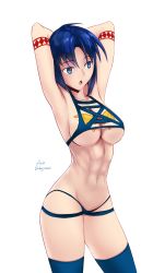 Rule 34 | 1girl, abs, absurdres, armpits, arms behind head, artist name, bikini, blue eyes, blue hair, blue thighhighs, breast tattoo, breasts, ciel (tsukihime), cleavage, cowboy shot, groin, highres, large breasts, meme attire, navel, oceanbellereine, open mouth, revealing clothes, roman numeral, short hair, solo, swimsuit, tattoo, thighhighs, thighs, transparent background, tsukihime
