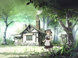 Rule 34 | 1girl, blonde hair, broom, closed eyes, female focus, flower, forest, hat, house, kirisame marisa, long hair, nature, outdoors, plant, ribbon, scenery, seo tatsuya, solo, touhou, tree, well, wide shot, witch, witch hat
