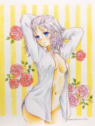 Rule 34 | 1girl, arms behind head, arms up, blue eyes, braid, breasts, closed mouth, commentary, cowboy shot, dress shirt, flower, head tilt, highres, izayoi sakuya, long sleeves, looking to the side, medium breasts, naked shirt, navel, open clothes, open shirt, q-bee (aaru), red flower, red rose, rose, shirt, short hair, side braid, silver hair, smile, solo, standing, striped, striped background, touhou, twitter username, vertical stripes