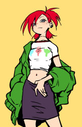Rule 34 | 1girl, casual, crop top, cropped shirt, earrings, foster&#039;s home for imaginary friends, frankie foster, green jacket, henriiku (ahemaru), highres, jacket, jewelry, looking at viewer, medium hair, midriff, multiple earrings, navel, off shoulder, ponytail, print shirt, red hair, shirt, simple background, skirt, solo, white shirt, yellow background
