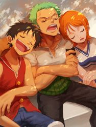 Rule 34 | 1girl, 2boys, :d, black hair, black pants, blue shorts, breasts, closed eyes, crossed arms, d:, drooling, facial scar, green hair, hat, hat on back, head on another&#039;s shoulder, highres, monkey d. luffy, multiple boys, nami (one piece), oekakiboya, one piece, open mouth, orange hair, pants, red vest, roronoa zoro, scar, scar on cheek, scar on face, shirt, short hair, short sleeves, shorts, sleeping, small breasts, smile, straw hat, vest, white shirt, yellow headwear