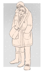Rule 34 | 1boy, 1girl, aged up, aida kensuke, blush, carrying bag, closed eyes, coat, comic, evangelion: 3.0+1.0 thrice upon a time, glasses, grin, happy, laughing, long hair, neon genesis evangelion, rebuild of evangelion, sharing coat, smile, snow, souryuu asuka langley, standing