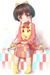 Rule 34 | 1girl, bell, black hair, blush, bow, flower knot, hachinatsu, hair bow, hair ribbon, hands on lap, highres, japanese clothes, jingle bell, long sleeves, looking at viewer, no shoes, okuzashiki channel, okuzashiki sachi, red eyes, red ribbon, ribbon, short hair, sitting, smile, solo, tabi, tassel, virtual youtuber, wide sleeves, yellow bow, yellow legwear