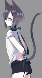 Rule 34 | 1girl, animal ears, black shorts, cat ears, cat tail, copyright request, cowboy shot, from side, garter straps, green eyes, green ribbon, grey background, grey hair, highres, looking at viewer, looking to the side, misumi (macaroni), profile, ribbon, shirt, short sleeves, shorts, simple background, solo, tail, white shirt