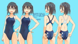 Rule 34 | 1girl, adjusting clothes, adjusting swimsuit, barefoot, black hair, blue background, blue one-piece swimsuit, breasts, brown eyes, competition swimsuit, cowboy shot, kantai collection, kusakabe (kusakabeworks), looking at viewer, multicolored clothes, multicolored swimsuit, multiple views, one-piece swimsuit, sendai (kancolle), short hair, simple background, small breasts, standing, swimsuit, swimsuit under clothes, translation request, two side up, variations