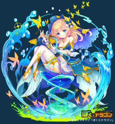 Rule 34 | 1girl, bare shoulders, blonde hair, blue background, blue eyes, bokutodragon, breasts, bug, butterfly, butterfly hair ornament, chalice, cup, detached sleeves, dress, fantasy, full body, hair ornament, insect, long hair, looking at viewer, medium breasts, official art, patori, puffy short sleeves, puffy sleeves, short sleeves, simple background, sitting, solo, water, watermark, white legwear