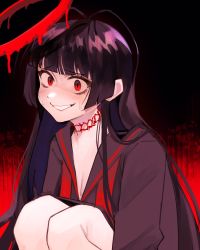 Rule 34 | 1girl, absurdres, black background, black hair, blue archive, blunt bangs, blush, breasts, choker, cleavage, commentary, halo, highres, kumaartsu, long hair, looking at viewer, red background, red eyes, smile, solo, sweatdrop, tsurugi (blue archive), very long hair, wavy mouth
