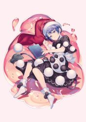 Rule 34 | 1girl, black capelet, black dress, blue eyes, blue hair, book, capelet, closed mouth, doremy sweet, dream soul, dress, fingernails, full body, hat, highres, hiiragi akio, looking at viewer, lying, nightcap, official art, on side, pom pom (clothes), red hat, short hair, smile, socks, solo, tail, tapir tail, third-party source, touhou, two-tone dress, white dress, white socks