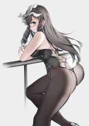 Rule 34 | 1girl, absurdres, against railing, ass, back-seamed legwear, bare shoulders, black hair, blue eyes, blush, bow, breasts, brown pantyhose, cowboy shot, crossed arms, drill hair, drill sidelocks, fingernails, from side, girls&#039; frontline, grey background, hair bow, highres, howa type 64 (girls&#039; frontline), knee up, against railing, leotard, long hair, looking at viewer, lubikaya, medium breasts, pantyhose, parted lips, playboy bunny, rabbit tail, railing, seamed legwear, sidelocks, solo, tail, white bow