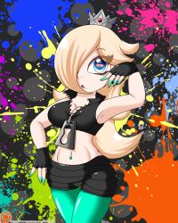 Rule 34 | 1girl, black gloves, black shirt, black shorts, blonde hair, blue eyes, blue pantyhose, breasts, cleavage, crown, eyes visible through hair, fingerless gloves, gloves, hair over one eye, highres, large breasts, long hair, looking at viewer, mario (series), midriff, mole, mole under mouth, multicolored background, navel, navel piercing, nintendo, open mouth, paint splatter, pantyhose, piercing, pokumii, princess, rosalina, shirt, shorts, sleeveless, sleeveless shirt, standing, super mario galaxy, zipper