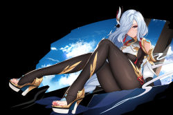 Rule 34 | 1girl, black bodysuit, blue eyes, blue nails, blue sky, bodysuit, breast curtain, breasts, chinese clothes, closed mouth, cloud, detached sleeves, earrings, feet, flower knot, full body, genshin impact, gold trim, hair ornament, hair over one eye, high heels, highres, hip vent, jewelry, large breasts, legs, looking at viewer, nail polish, nekoda (maoda), revision, shenhe (genshin impact), silver hair, single earring, sitting, sky, tassel, tassel earrings, thighs, toeless footwear, toenail polish, toenails, toes