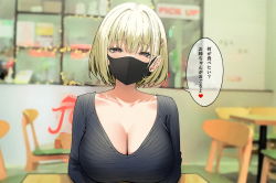 Rule 34 | 1girl, black shirt, blonde hair, blurry, blurry background, breasts, cleavage, collarbone, commentary, commentary request, hair ornament, highres, himeko (sky-freedom), large breasts, long sleeves, looking at viewer, mask, mouth mask, original, purple eyes, shirt, short hair, sky-freedom, solo, speech bubble, translated, upper body