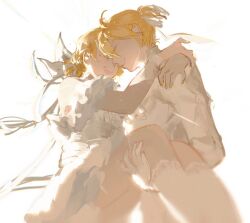 Rule 34 | 1boy, 1girl, alternate costume, blonde hair, brother and sister, capelet, carrying, chinese commentary, closed eyes, commentary, dress shirt, forehead-to-forehead, frilled shirt, frills, gloves, hair bun, hair ribbon, happy, heads together, kagamine len, kagamine rin, kneehighs, kojimarie, lace socks, ponytail, princess carry, ribbon, shirt, short hair, short ponytail, siblings, sidelighting, skirt, smile, socks, standing, twins, upper body, vocaloid, white background, white capelet, white gloves, white shirt, white skirt, white socks