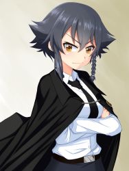 Rule 34 | &gt;:|, 10s, 1girl, :|, anchovy, anchovy (cosplay), anchovy (girls und panzer), belt, black belt, black cape, black hair, black skirt, braid, brown eyes, cape, closed mouth, commentary request, cosplay, dress shirt, emblem, girls und panzer, highres, long sleeves, looking at viewer, pepperoni (girls und panzer), ruka (piyopiyopu), shirt, short hair, side braid, skirt, solo, standing, upper body, v-shaped eyebrows, white shirt