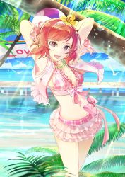 Rule 34 | 10s, 119, 1girl, :d, arms up, ball, beach, beachball, bikini, bikini skirt, breasts, cleavage, day, dock, flower, frilled bikini, frills, front-tie top, hair flower, hair ornament, highres, jewelry, looking at viewer, love live!, love live! school idol festival, love live! school idol project, navel, necklace, nishikino maki, ocean, open mouth, purple eyes, red hair, ribbon, short hair, smile, solo, standing, swept bangs, swimsuit