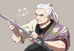 Rule 34 | 1boy, batabiru, black hakama, brown background, copyright request, hakama, holding, holding sword, holding weapon, japanese clothes, kimono, long hair, male focus, old, old man, ponytail, ribbon-trimmed sleeves, ribbon trim, simple background, sword, weapon, white hair, wrinkled skin