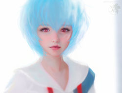 Rule 34 | 1girl, ayanami rei, blue hair, blurry, closed mouth, commentary, commentary request, depth of field, gradient background, grey background, highres, light blue hair, looking at viewer, neon genesis evangelion, nerv, portrait, realistic, red eyes, ruoxin zhang, school uniform, short hair, simple background, solo, tagme, tokyo-3 middle school uniform, white background