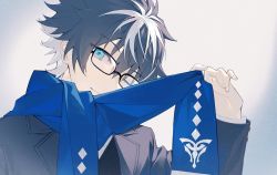 Rule 34 | 1boy, ;), bespectacled, black hair, black jacket, black sweater, blue eyes, blue scarf, charlemagne (fate), fate/grand order, fate (series), glasses, hair between eyes, highres, holding, holding clothes, holding scarf, idass (idass16), jacket, looking at viewer, male focus, multicolored hair, official alternate costume, one eye closed, scarf, shirt, short hair, smile, solo, streaked hair, sweater, upper body, white background, white shirt