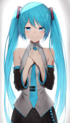 Rule 34 | 1girl, absurdres, aqua eyes, aqua hair, aqua nails, aqua necktie, backlighting, bare shoulders, belt, bib (bibboss39), black skirt, black sleeves, blush, collarbone, commentary, cowboy shot, detached sleeves, grey shirt, hair ornament, half-closed eyes, hands on own chest, hatsune miku, highres, long hair, looking at viewer, nail polish, necktie, number tattoo, own hands together, pleated skirt, shirt, shoulder tattoo, skirt, sleeveless, sleeveless shirt, smile, solo, standing, tattoo, tie clip, twintails, very long hair, vignetting, vocaloid