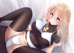 Rule 34 | 1girl, ass, black dress, black thighhighs, blonde hair, blue eyes, blush, breasts, commentary request, cross, dermar, dress, frilled panties, frills, highres, large breasts, long hair, looking at viewer, m legs, nun, open mouth, original, panties, short sleeves, signature, sitting, spread legs, thighhighs, thighs, underwear, white panties