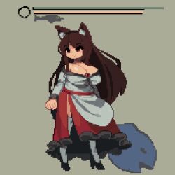 Rule 34 | 1girl, animal ears, breasts, brown hair, cleavage, closed mouth, crabb, full body, grey background, health bar, imaizumi kagerou, large breasts, long hair, lowres, pixel art, red skirt, simple background, skirt, smile, solo, standing, touhou, wolf ears, wolf girl