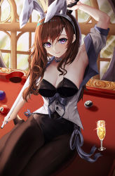 Rule 34 | 1girl, absurdres, alcohol, animal ears, arm up, armpits, bad id, bad pixiv id, ball, billiard ball, black leotard, black pantyhose, blush, breasts, brown hair, cleavage, collarbone, cue stick, cup, cup6542, drinking glass, fake animal ears, highres, holding cue stick, leotard, long hair, looking at viewer, medium breasts, nail polish, original, pantyhose, playboy bunny, pool table, purple eyes, rabbit ears, short sleeves, side-tie leotard, sitting, sitting on table, smile, solo, table, window, wine, wine glass