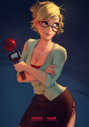 Rule 34 | 1girl, alternate costume, black skirt, blonde hair, blue eyes, breasts, cleavage, earrings, forecast janna, glasses, jacket, janna (league of legends), jewelry, league of legends, lips, microphone, raichiyo33, riot games, short hair, skirt, solo, standing, suit jacket, thick lips, torn clothes, tsuaii