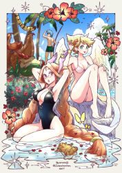 Rule 34 | 2girls, 3boys, absurdres, angel wings, animal ears, bikini, black one-piece swimsuit, blonde hair, blue eyes, blue hair, blue sky, braid, breasts, breath of fire, breath of fire iii, coconut tree, commentary, feathered wings, fishing rod, flower, full body, garr, glasses, green eyes, hair flower, hair ornament, highres, honey (breath of fire), long hair, looking at viewer, maruno, momo (breath of fire), multiple boys, multiple girls, nina (breath of fire iii), one-piece swimsuit, open mouth, palm tree, pince-nez, rei (breath of fire), ryuu (breath of fire iii), short hair, sky, smile, swimsuit, tree, twin braids, water, white wings, wings