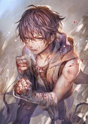 Rule 34 | 1boy, ayer, bad id, bad twitter id, bandage on face, bandaged arm, bandages, bandaid, bandaid on face, bandaid on nose, black hair, blood, blood on clothes, blood on hands, granblue fantasy, highres, male focus, realistic, saa, smoke, torn clothes, upper body