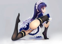 Rule 34 | 09 (qw20009), 1girl, arm support, ass, black thighhighs, blue hair, dress, flexible, full body, gradient background, long hair, looking at viewer, looking back, maid, maid headdress, panties, purple eyes, purple hair, simple background, solo, thighhighs, underwear, upskirt