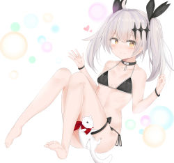 Rule 34 | 1girl, absurdres, aged down, ahoge, alternate costume, ass, bare shoulders, bikini, black bikini, black ribbon, blush, breasts, brown eyes, closed mouth, collar, feet up, ferret, five-seven (girls&#039; frontline), girls&#039; frontline, hair ornament, hair ribbon, hands up, heart, heart-shaped pupils, highres, long hair, looking at viewer, ribbon, ru zhai, sidelocks, silver hair, simple background, sitting, small breasts, smile, solo, swimsuit, symbol-shaped pupils, thigh strap, thighs, twintails, wristband