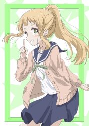 Rule 34 | 1girl, blonde hair, blue sailor collar, female focus, green eyes, highres, inose mai, koisuru asteroid, long hair, long sleeves, looking at viewer, open clothes, open mouth, pointing, pointing up, ponytail, qb (qb46311027), sailor collar, school uniform, serafuku, skirt, solo, star (symbol), star background, sweater, teeth