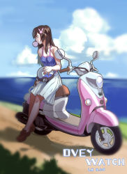 Rule 34 | 10s, 1girl, 2016, adapted costume, arm at side, artist name, bare shoulders, blue shirt, blue sky, breasts, brown eyes, brown footwear, brown hair, blowing bubbles, chewing gum, cloud, cloudy sky, collarbone, copyright name, d.va (overwatch), dated, day, eyelashes, fingernails, from side, goggles, goggles on headwear, hair ornament, hairclip, helmet, highres, holding, holding helmet, l.k, long hair, medium breasts, motor vehicle, ocean, overwatch, overwatch 1, pantyhose, path, plant, pleated skirt, rabbit hair ornament, road, scenery, scooter, shirt, shoes, sidelocks, sitting, skirt, sky, sleeveless, sleeveless shirt, solo, vehicle, white skirt