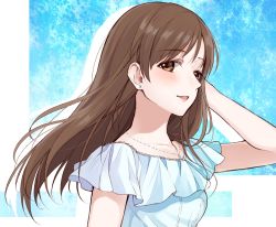Rule 34 | 10s, 1girl, arm up, blue dress, blush, brown eyes, brown hair, chisumi, dress, earrings, hand in own hair, idolmaster, idolmaster cinderella girls, jewelry, long hair, looking at viewer, necklace, nitta minami, parted lips, silhouette, smile, solo, stud earrings, upper body