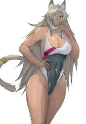 Rule 34 | 1girl, absurdres, animal ears, bare shoulders, breasts, cleavage, cleavage cutout, clothing cutout, competition swimsuit, covered navel, crossed bangs, dark-skinned female, dark skin, eyepatch, finger to mouth, ghislaine dedoldia, grey hair, hair between eyes, highres, large breasts, long hair, looking at viewer, memory342, muscular, muscular female, mushoku tensei, one-piece swimsuit, red eyes, scar, scar on face, sideboob, simple background, solo, swimsuit, tail, tail ornament, tail ring, thighs, toned, white background, wide hips