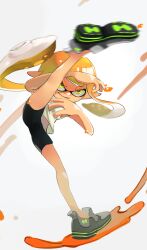 Rule 34 | 1girl, bike shorts, black shorts, blonde hair, closed mouth, flexible, highres, inkling, inkling girl, inkling player character, koike3582, leg up, long hair, nintendo, pointy ears, shirt, shoes, shorts, simple background, smile, solo, splatoon (series), standing, standing on one leg, suction cups, tentacle hair, v-shaped eyebrows, white background, white shirt, yellow eyes