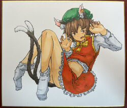 Rule 34 | 1girl, absurdres, animal ear fluff, animal ear piercing, animal ears, arms up, ass, bare legs, brown eyes, brown hair, cat ears, cat tail, chagamaka, chen, claw pose, commentary request, earrings, flat chest, frills, full body, green hat, half-closed eyes, hands up, hat, highres, jewelry, knees together feet apart, long sleeves, looking down, loose socks, midriff, mob cap, multiple tails, nail polish, navel, nekomata, no shoes, petticoat, red nails, red skirt, red vest, short hair, single earring, skirt, skirt set, socks, solo, tail, touhou, traditional media, two tails, vest, white socks
