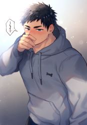 Rule 34 | 1boy, black hair, blood, blue eyes, blush, finger to own nose, grey hoodie, hand on own face, hao (haozz), hood, hood down, hoodie, light, male focus, nosebleed, original, solo, sweatdrop, toned, toned male, upper body